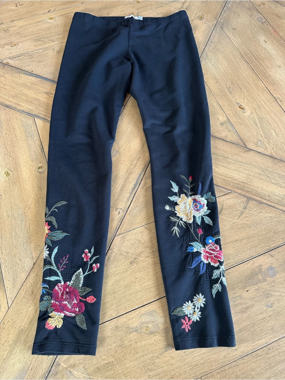 JW Los Angeles Johnny Was Black Floral Embroidered Leggings Stretch Comfort XS